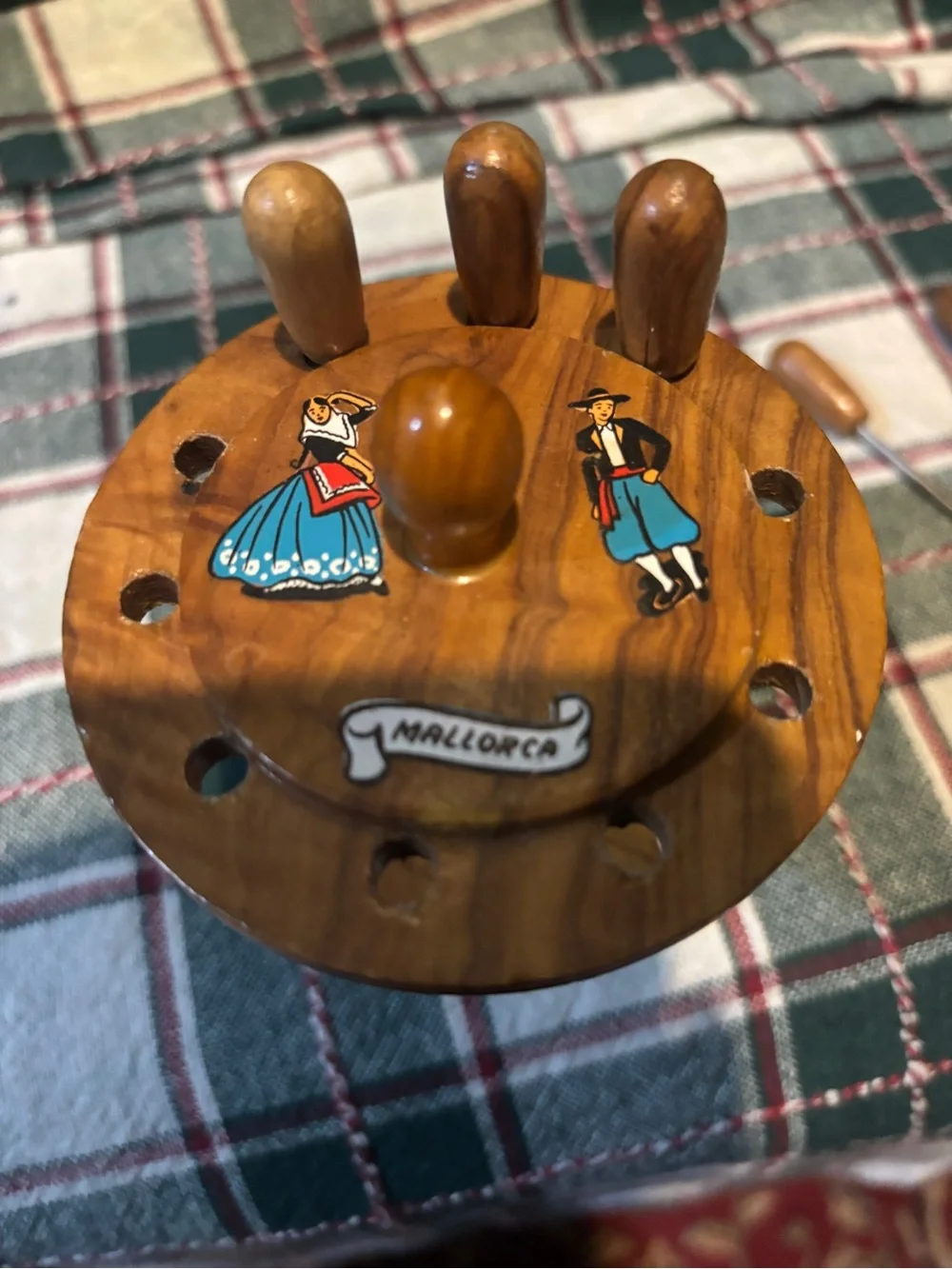 Vintage Wooden Hand Painted  Mallorca Cocktail Fork Set with Round Handle Stand